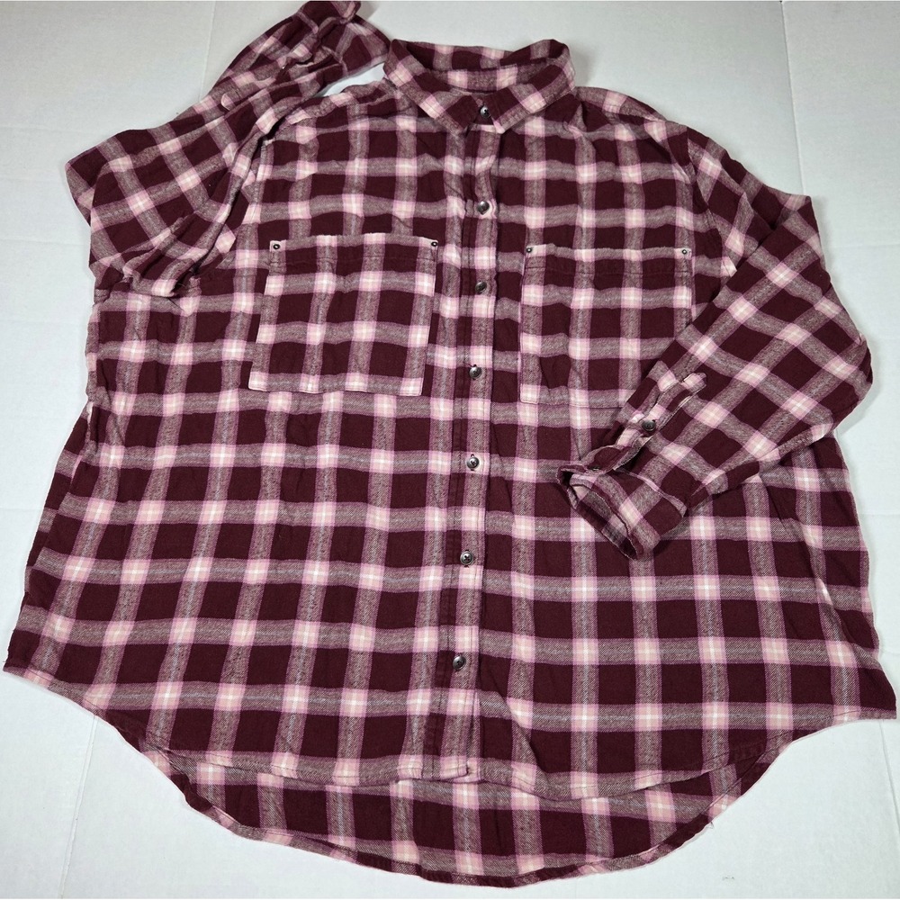 SO Womens Flannel Plaid Button-Up Shirt Burgundy Pink Collared Pockets XL